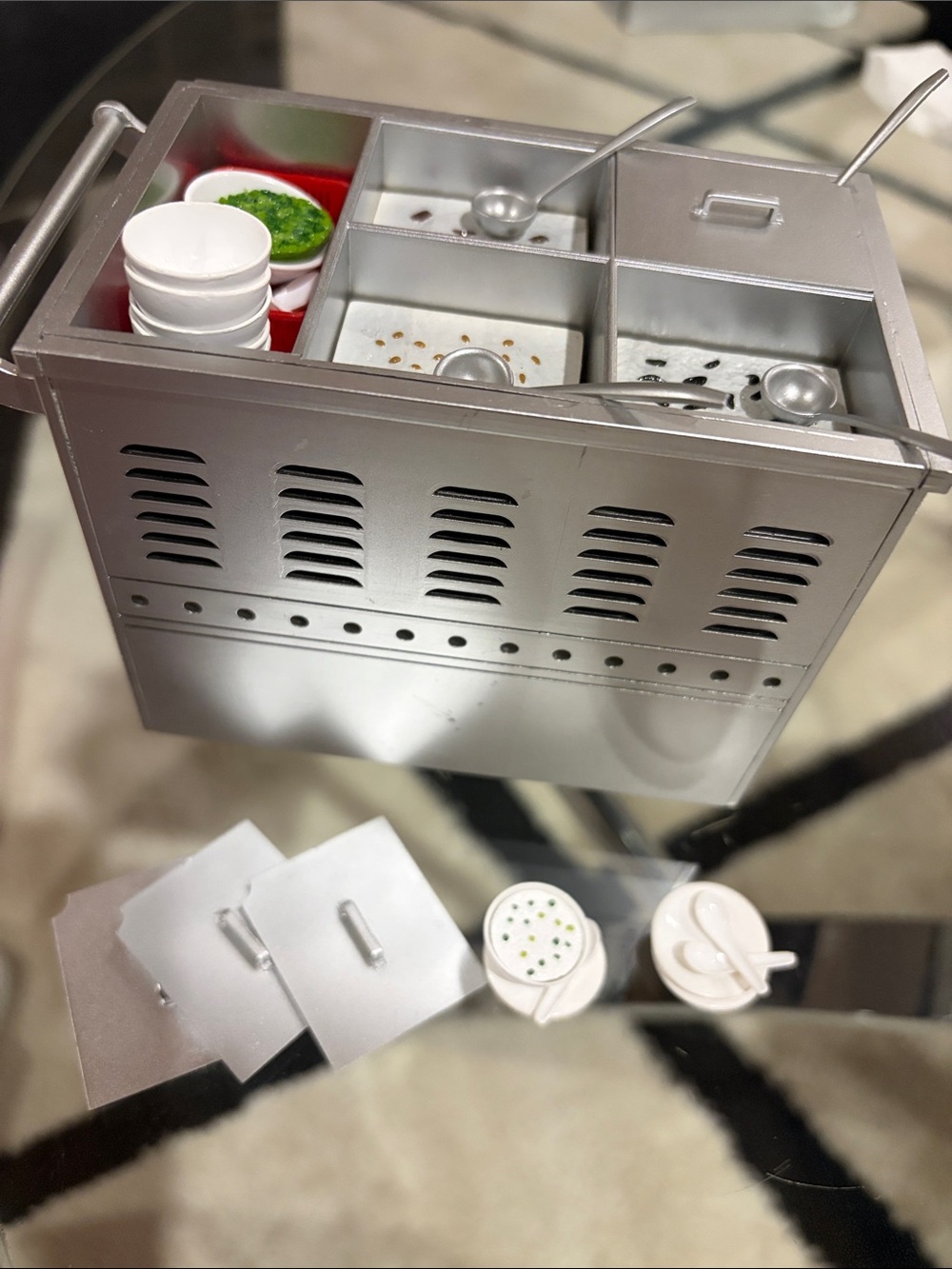 Mini Silver Condiment/Serving Station with Lids and Spoons( congee cart)